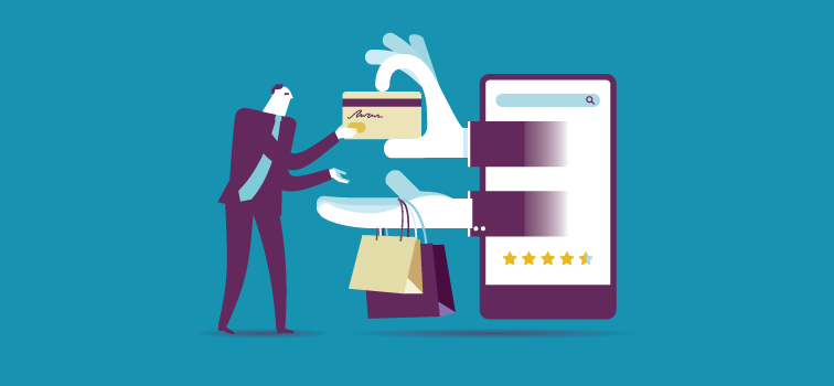 A man reaching to a machine with hands holding a credit card and shopping bags