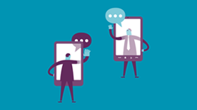 Two characters holding a mobile phone with a speech bubble