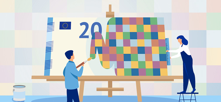A graphic image of two people paining over a €20 banknote.