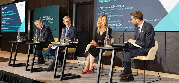 Vasileios Madouros (Deputy Governor, Central Bank of Ireland), Erik Thedéen (Governor, Riksbank), Pablo Hernández de Cos (General Manager, Bank for International Settlements) and Pinar Ozcan (Professor of Entrepreneurship and Innovation, Saïd Business School) speaking at Future of Finance Conference 2026