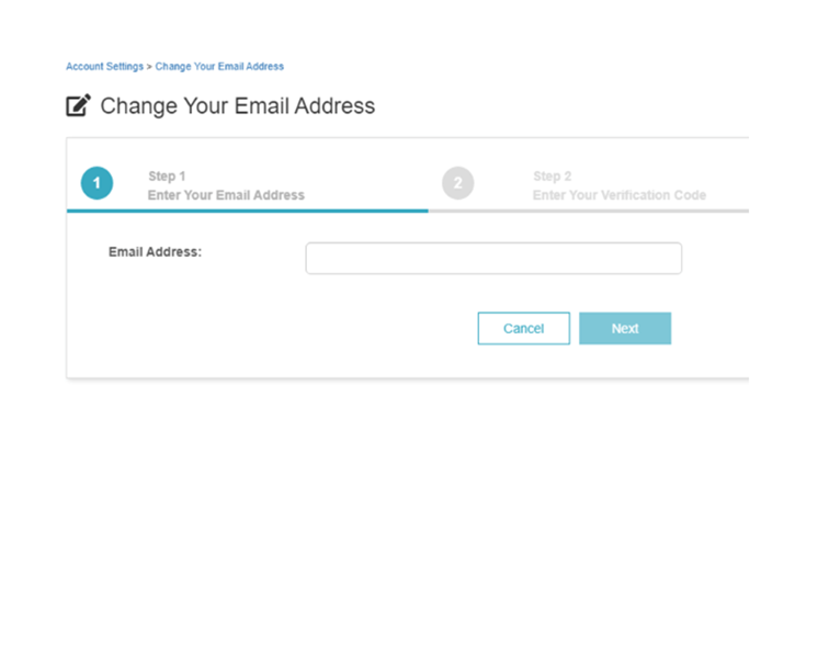 Form titled “Change Your Email Address” with fields for entering new email address (Step 1) and verification code (Step 2).