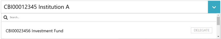 Dropdown list of institutions with a rectangular “Delegate” label beside the institution name.