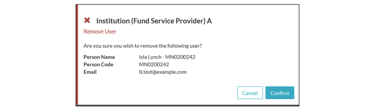 Confirmation message with user details and text “Are you sure you want to remove this user from the institution?”. Shows “Confirm” and “Cancel” buttons.
