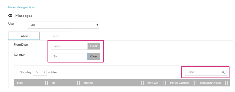 Search/filter interface with a text input field, “From Date”,”To Date” fields, and a search icon.
