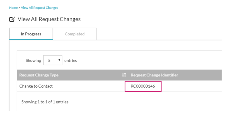 “Request Change” record with a field showing the unique reference code (e.g., “RC00000146”).