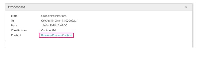 A message with a “Business Process Context” link in the message, allowing navigation to the related request change.