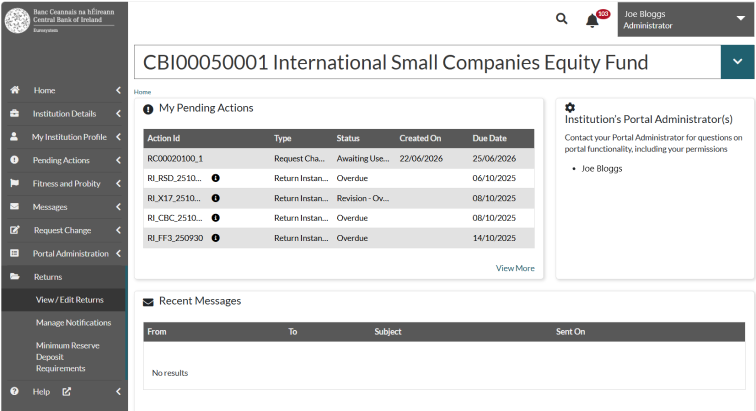 Portal home page with a “Returns” tab open in the main navigation menu.