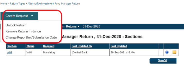 Return instance with a dropdown menu showing options including “Unlock Return”, “Change Reporting/Submission Date”, and “Remove Return Instance”.