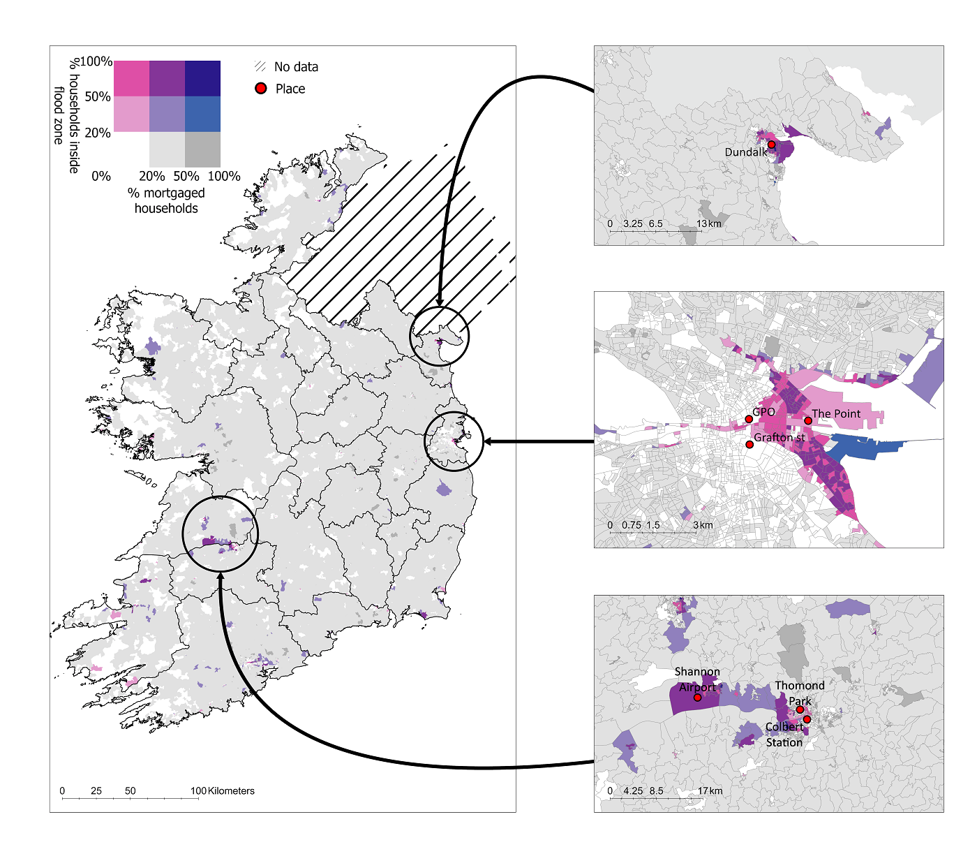 Map of Ireland showing small sample areas in Dundalk, Dublin, and Limerick with high concentrations of both flood and mortgage exposure, highlighting areas of elevated financial vulnerability.