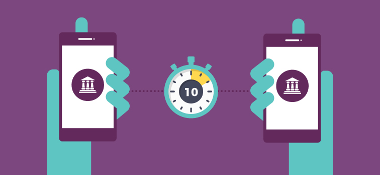 Two hands holding mobile phones and a ten minute clock