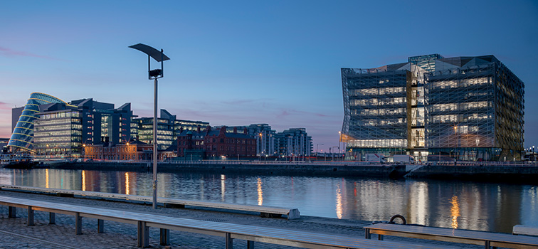 Central Bank Building at night over looking the river Liffey
